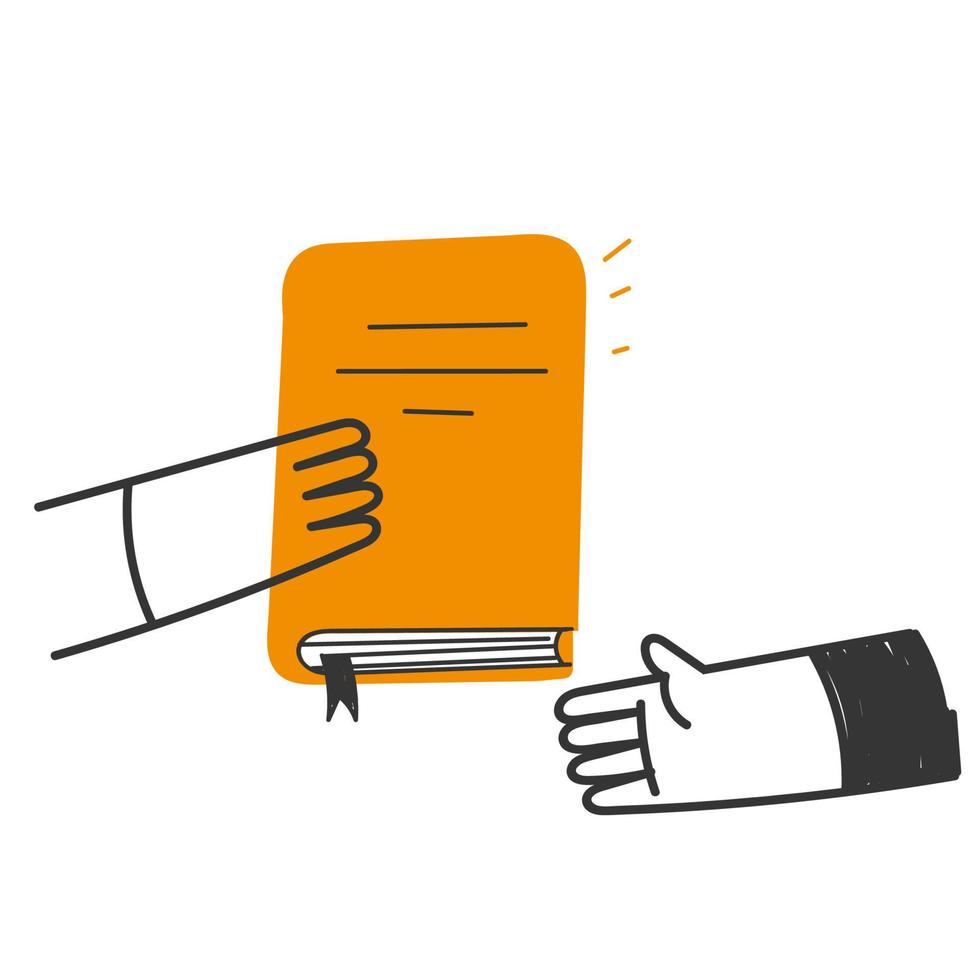 hand drawn doodle person gives book to friend illustration vector