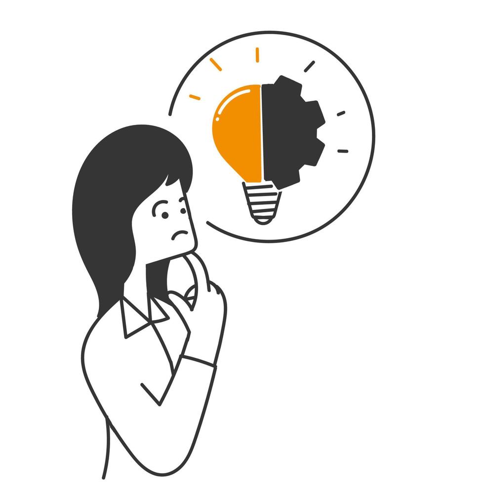 hand drawn doodle person think half light bulb and gear mechanism