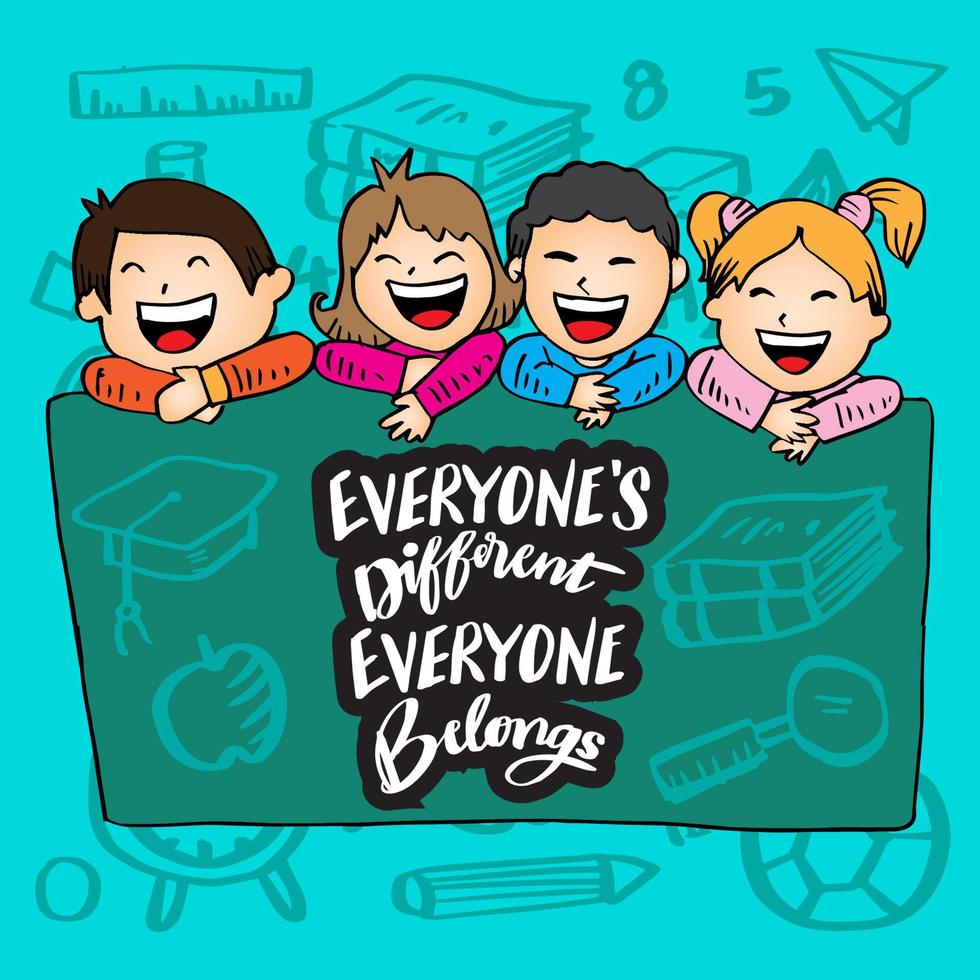 Everyone's different everyone belongs, hand lettering with happy kids. Wall art for classroom poster vector