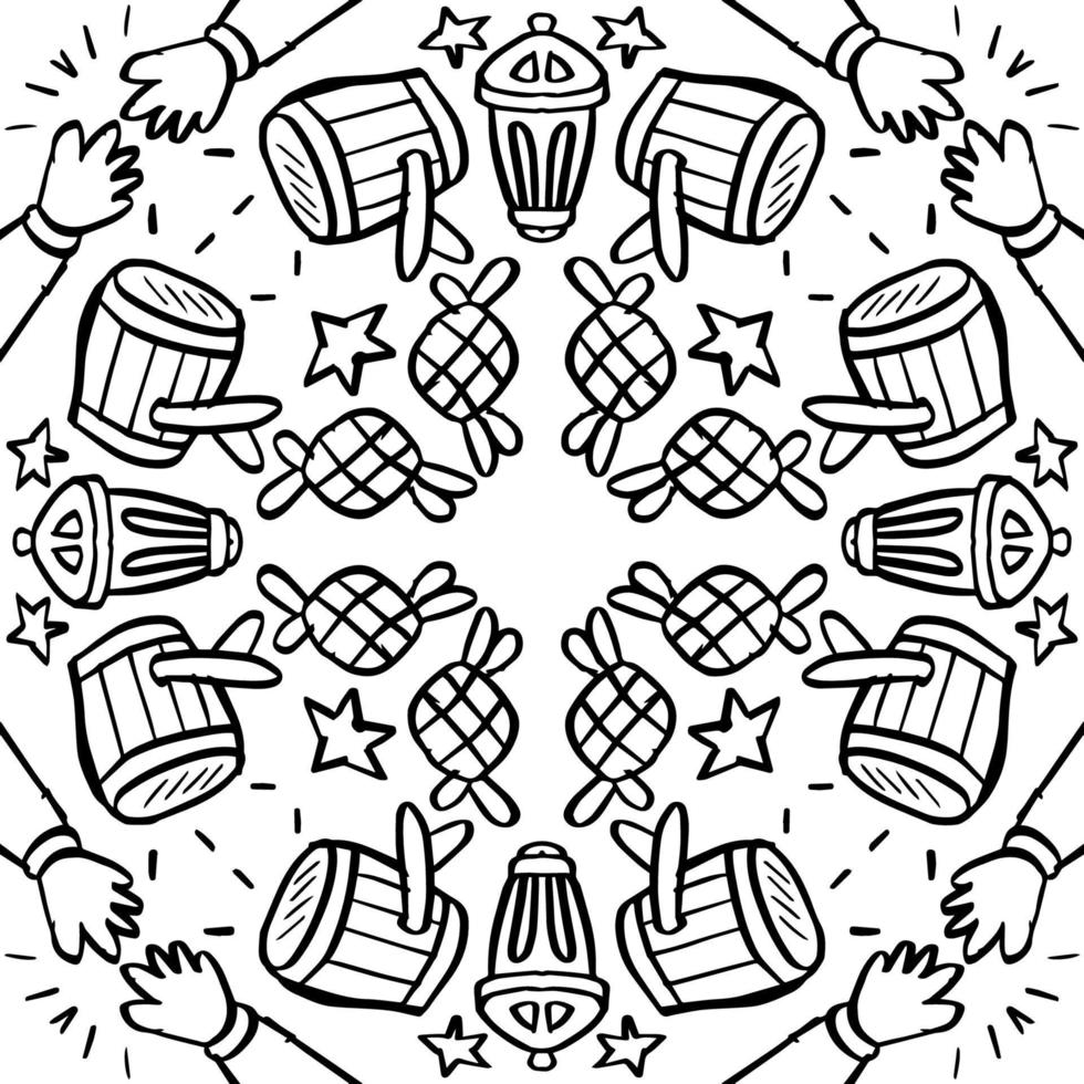 Seamless pattern doodle Eid Mubarak Muslim festival background. Black and white. vector