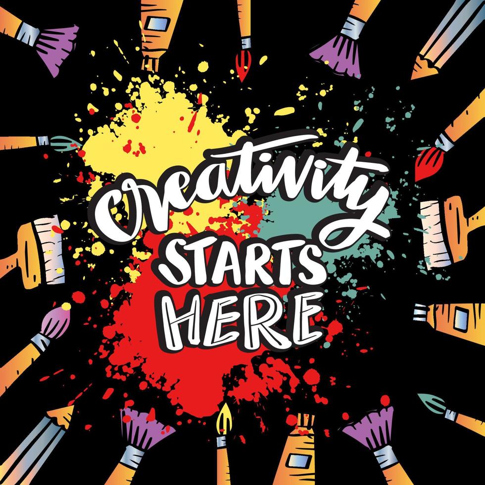 Creativity starts here, hand lettering. Poster quote for classroom decoration. vector