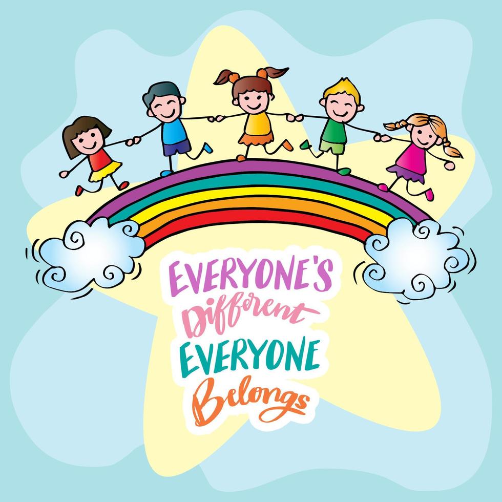 Everyone's different everyone belongs, hand lettering with happy kids. Wall art for classroom poster vector