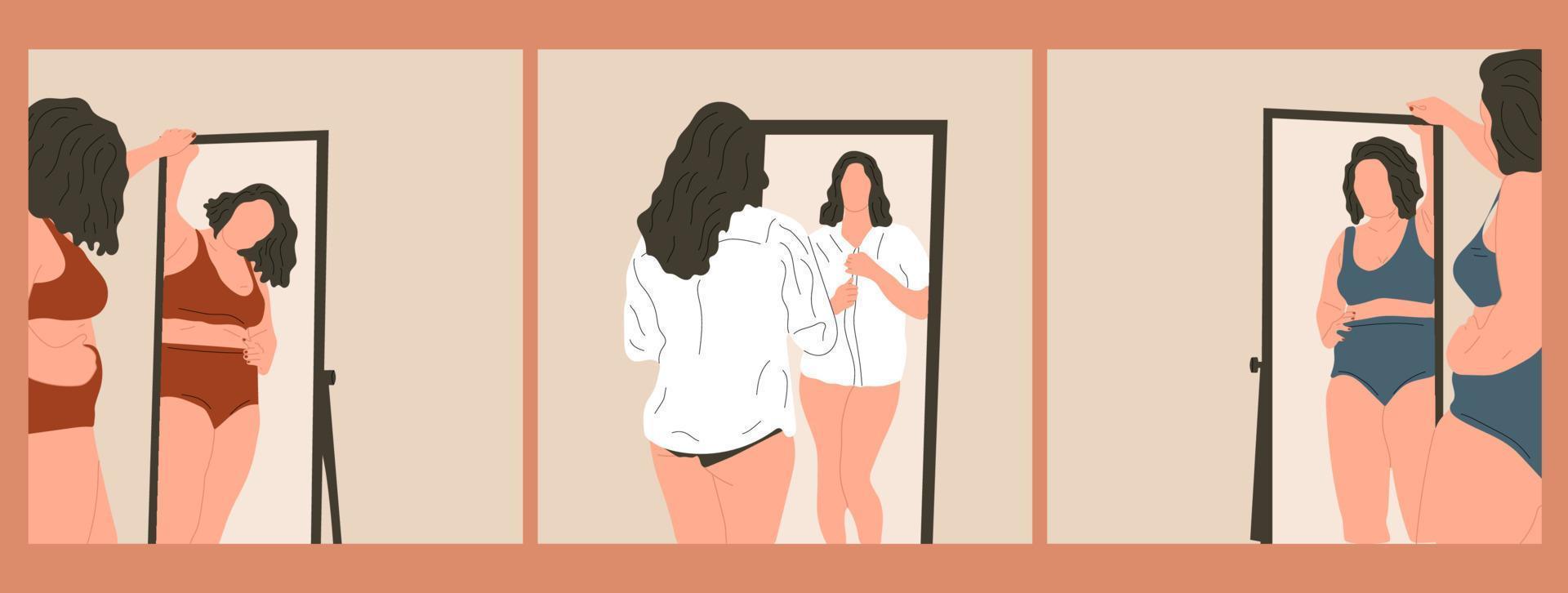 Set of three Beautiful plus size woman looking in mirror at home. vector