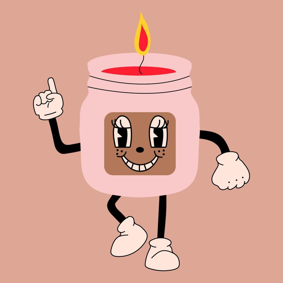 Candle 30s cartoon mascot character 40s, 50s, 60s old animation style. vector