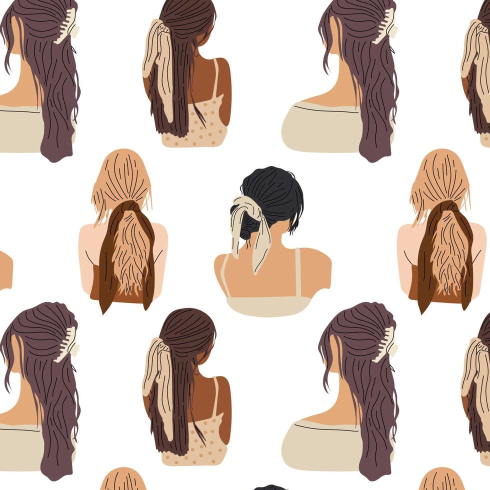 Seamless Pattern with young ladies with various Haircuts and accessories. Look from behind. Rear view. Women dressed in different clothes. Heads and shoulders. Beauty salon concept vector