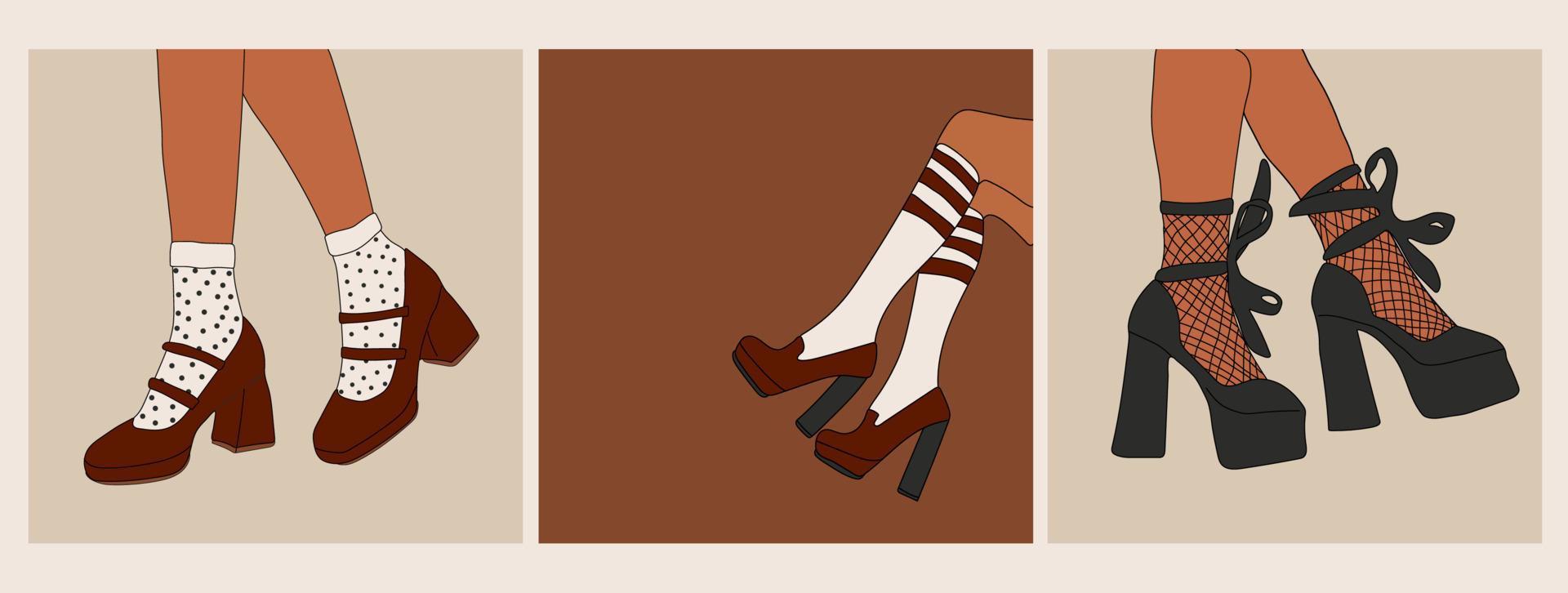 conjunto de hembra piernas en elegante Zapatos con tacones y cordón medias. Moda y estilo, ropa y accesorios. calzado. vector ilustración para un tarjeta postal o un póster, impresión para ropa. Clásico y retirado