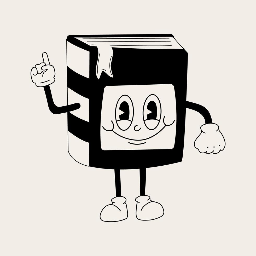 Book 30s cartoon mascot character 40s, 50s, 60s old animation style in black and white color vector