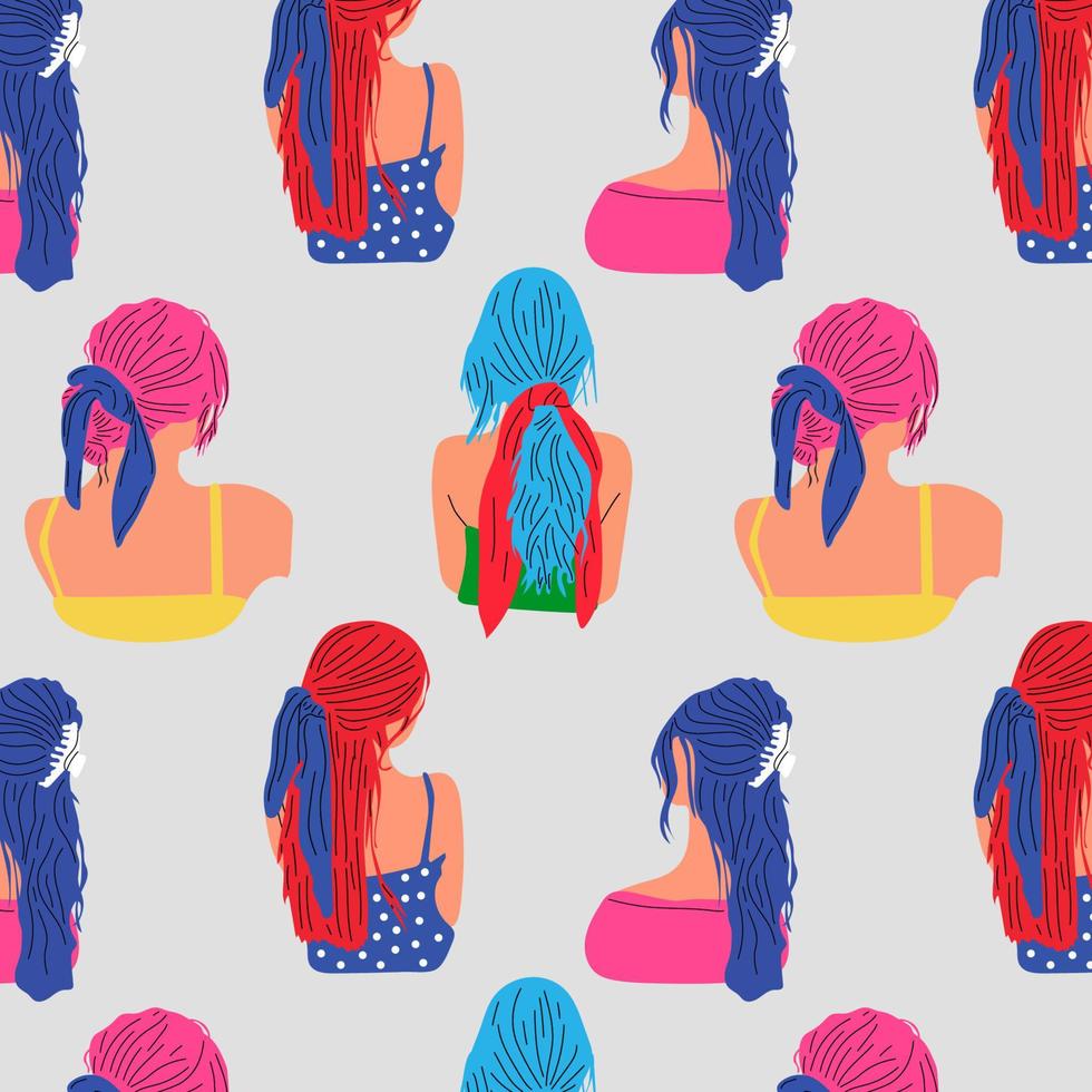 Seamless Pattern with young ladies with various Haircuts and accessories. Look from behind. Rear view. Women dressed in different clothes. Heads and shoulders. Beauty salon concept vector