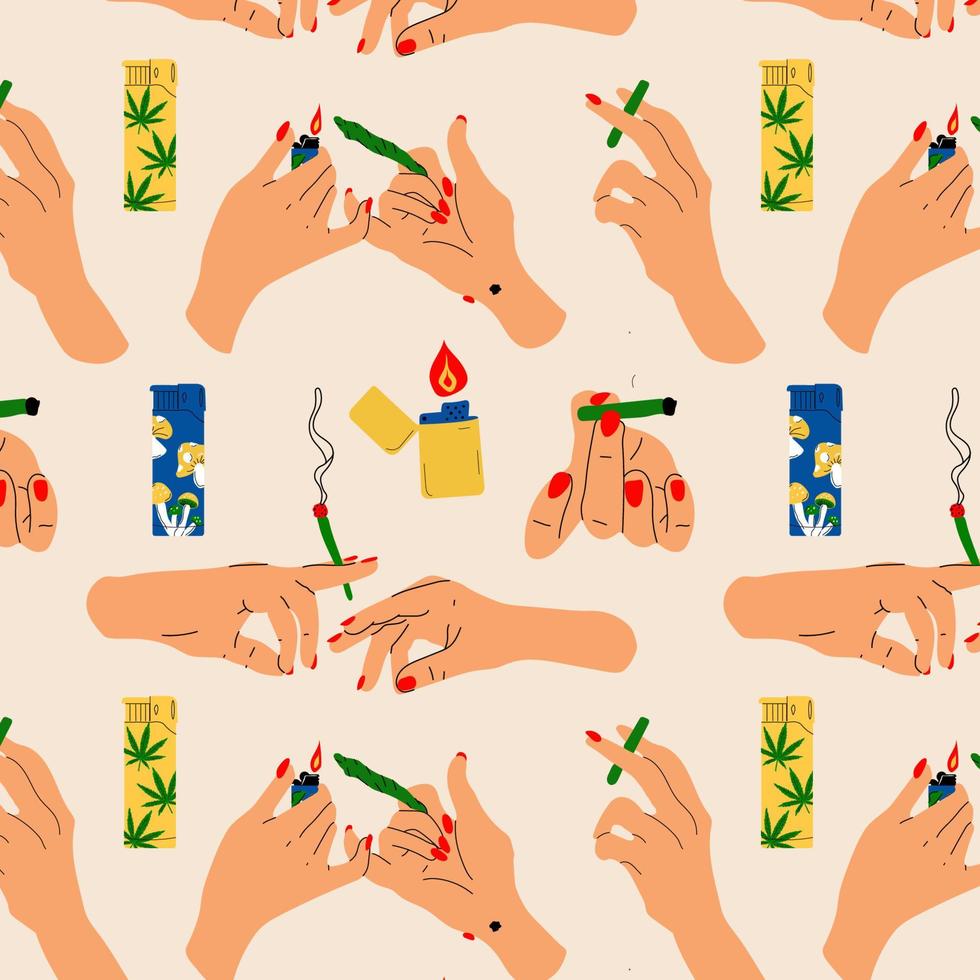 Seamless Pattern with Hands holding a lighter and a cigarette. Vector in cartoon style.