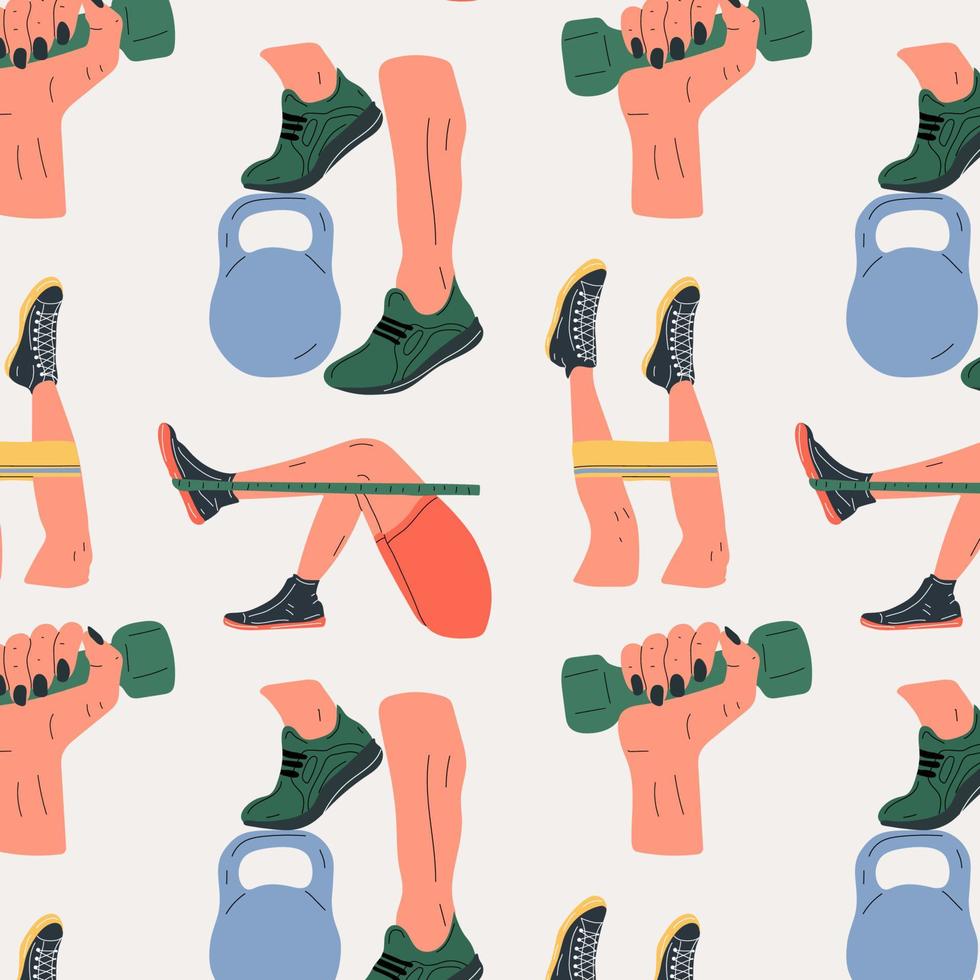 Seamless pattern with Set Fitness exercises with a rubber band, kettlebell, dumbbell.Sport revolution concept. Vector colorful illustration in cartoon style.