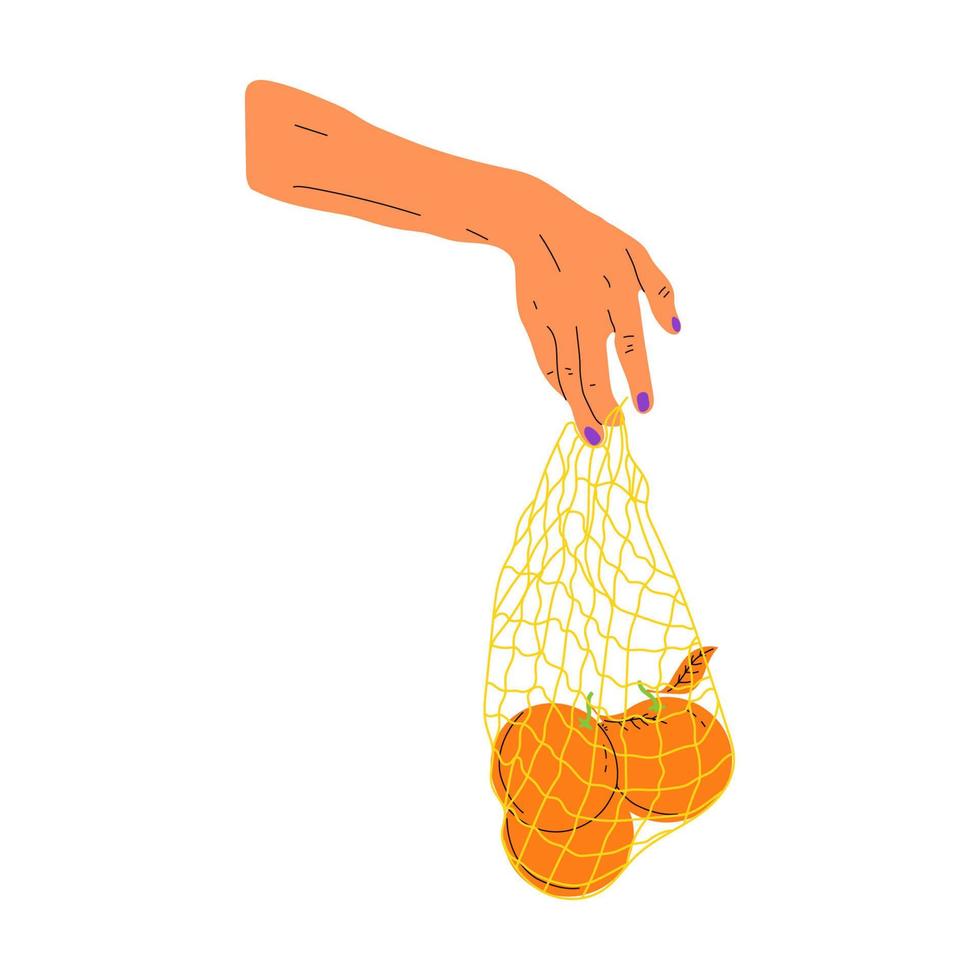 Hand hold eco bag. People bring own bag for grocery. Reusable plastic free pack with food. Zero waste products for shopping vector concept. Eco bag shopper, organic green ecological illustration