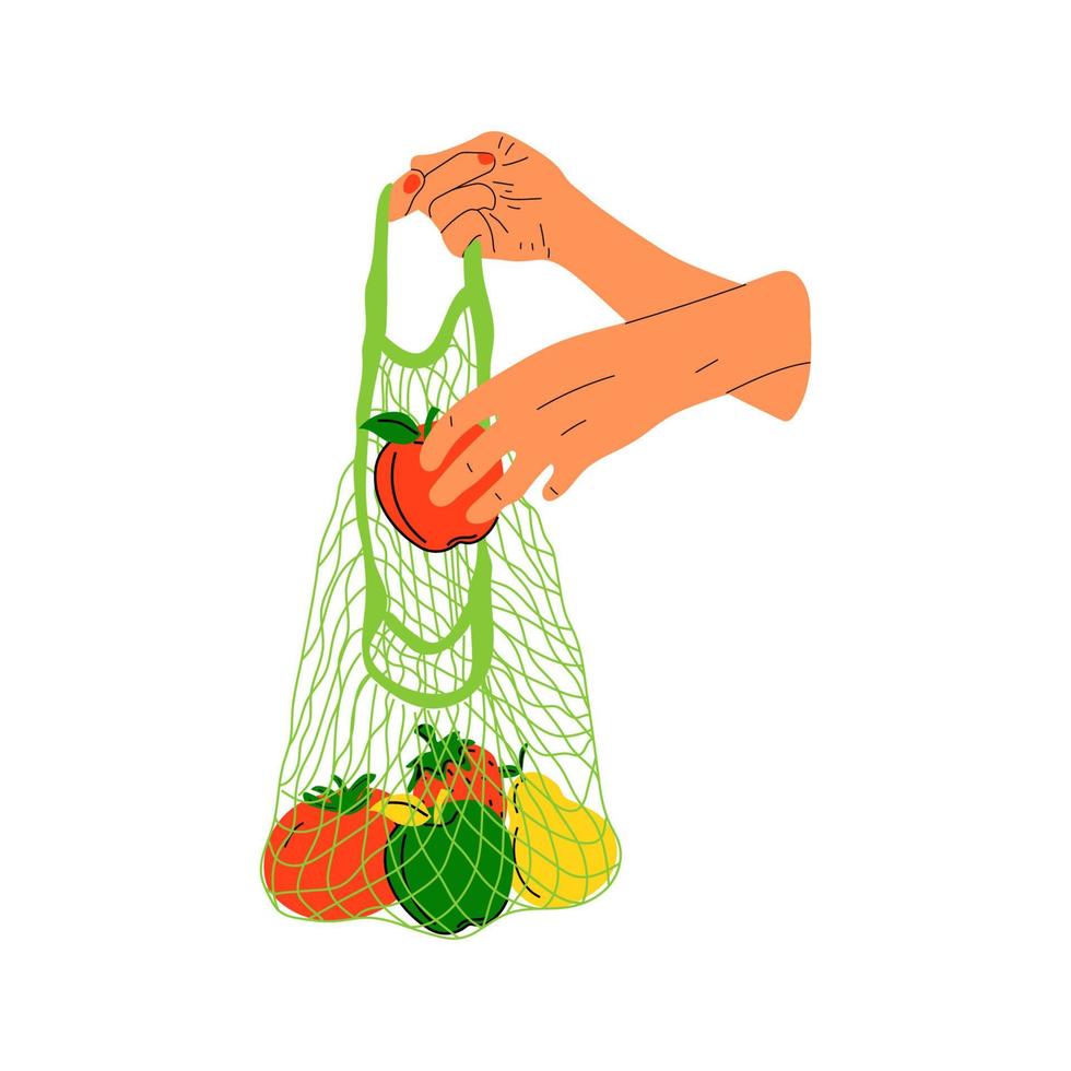 Hand hold eco bag. People bring own bag for grocery. Reusable plastic free pack with food. Zero waste products for shopping vector concept. Eco bag shopper, organic green ecological illustration