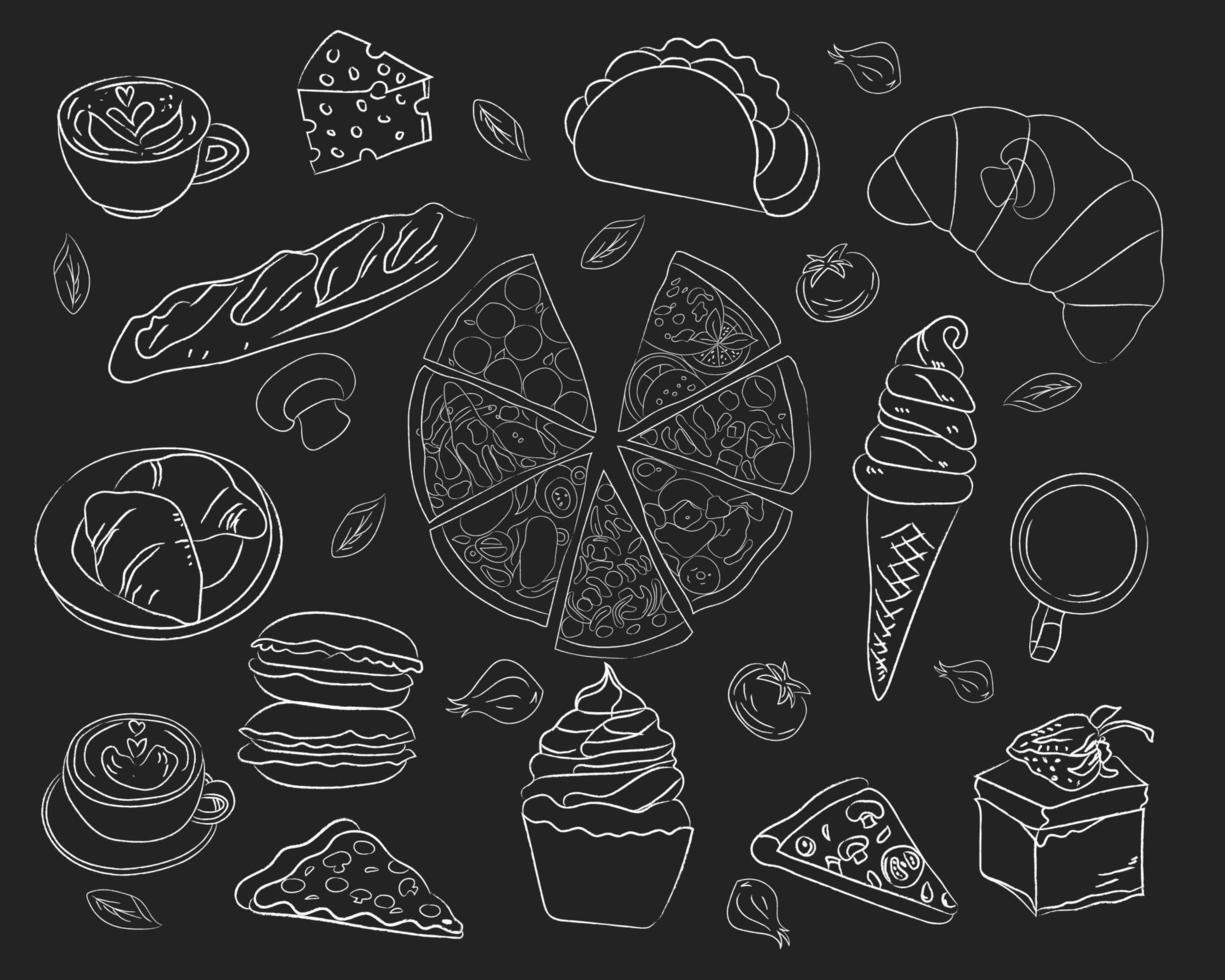 Sketch restaurant cafe menu on black chalkboard. Illustrations Illustration typographical element on chalkboard. vector