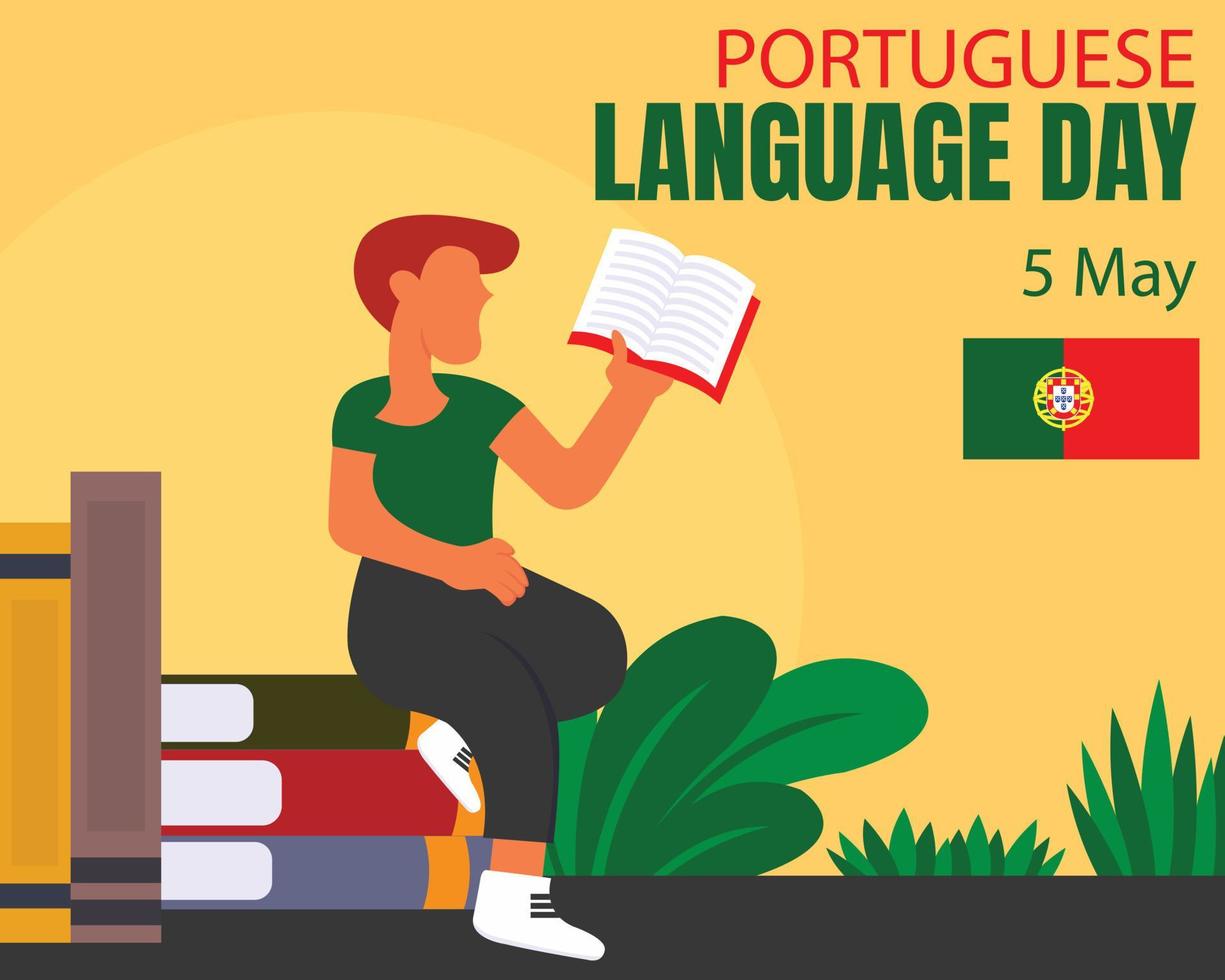 ilustración vector gráfico de un hombre se sienta en un libro y lee un diccionario, Perfecto para internacional día, mundo portugués idioma día, celebrar, saludo tarjeta, etc.