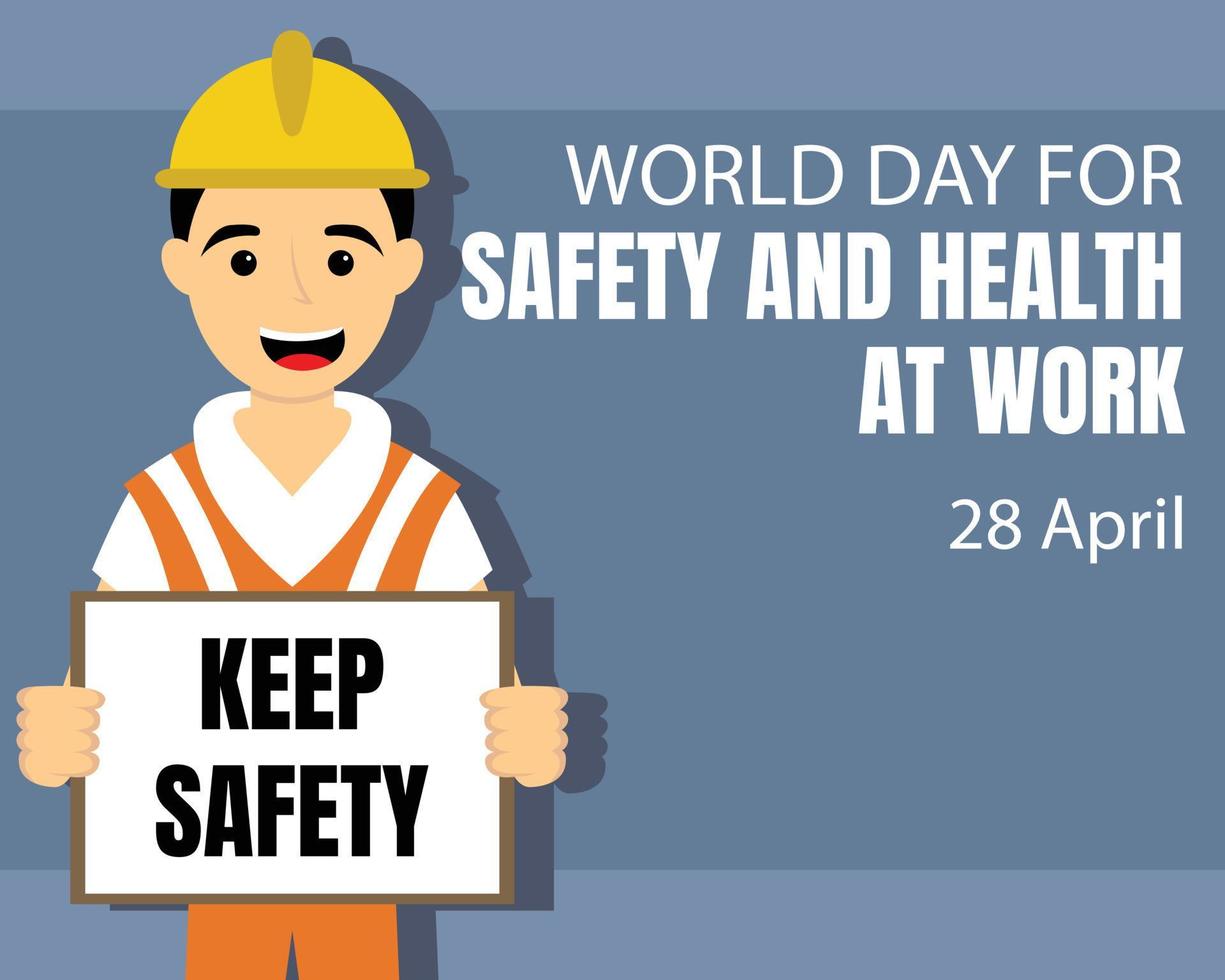illustration vector graphic of a worker holding a work safety warning sign, perfect for international day, safety and health at work, celebrate, greeting card, etc.