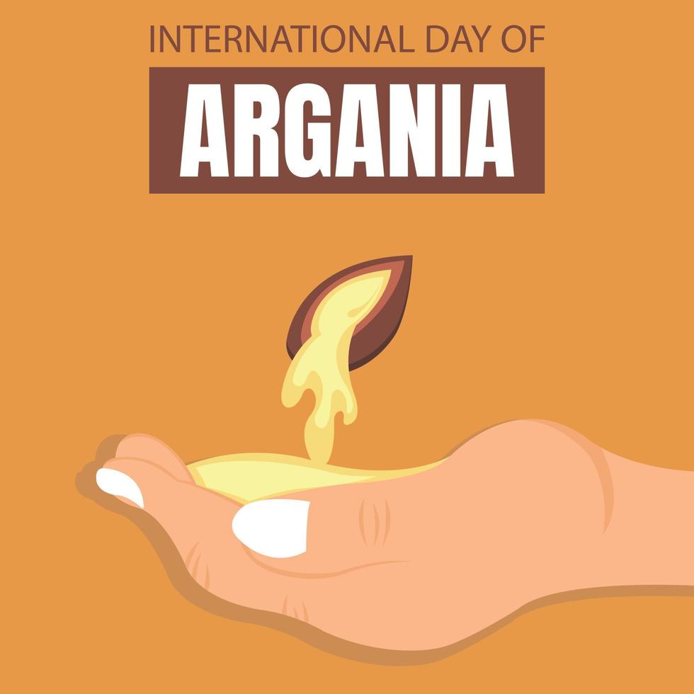 illustration vector graphic of liquid oil dripping from the fruit of the argania into the palms, perfect for international day, international day of argania, celebrate, greeting card, etc.