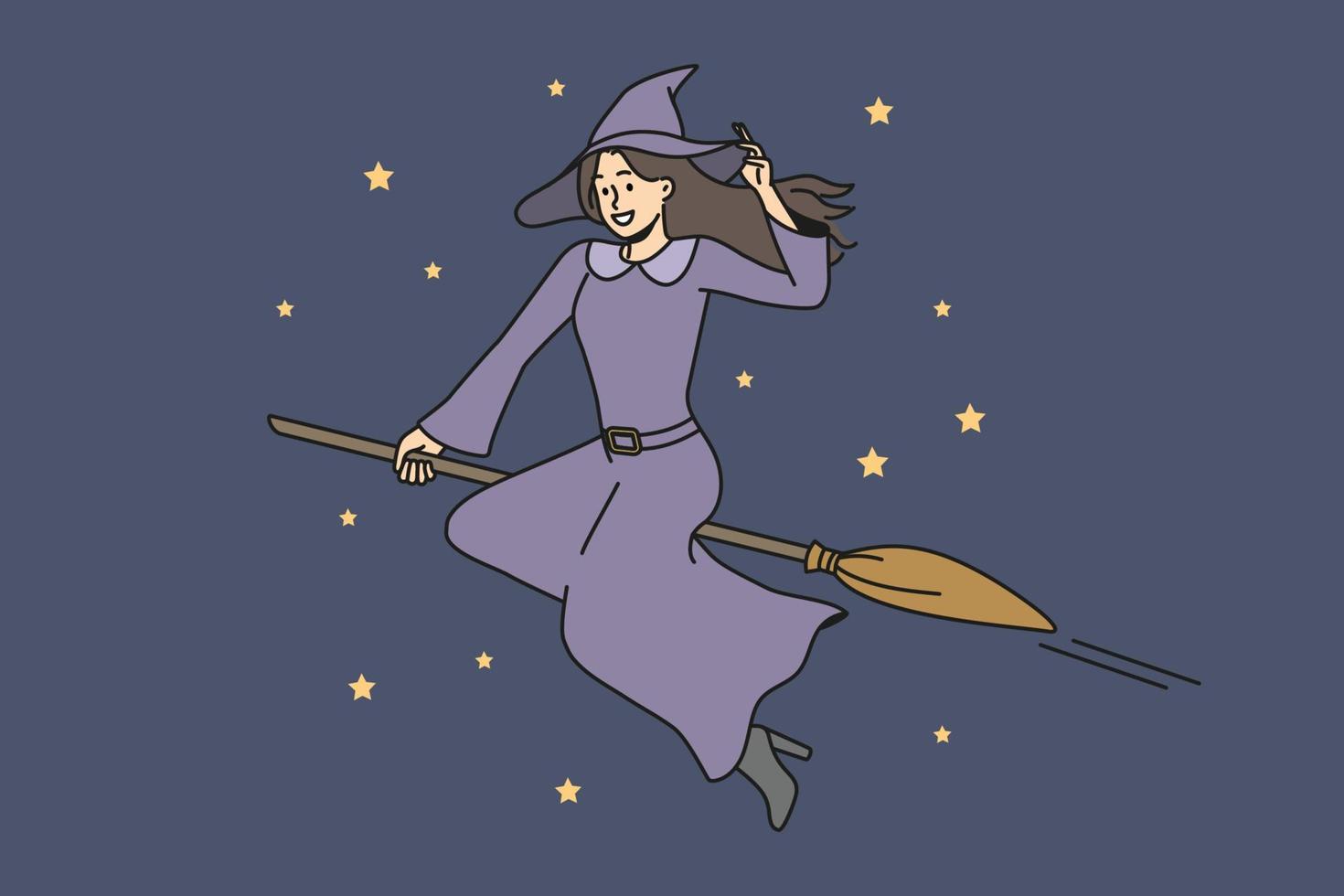 Smiling young witch in costume flying on broom in dark night sky. Happy female magician or wizard fly in starry sky. Vector illustration.