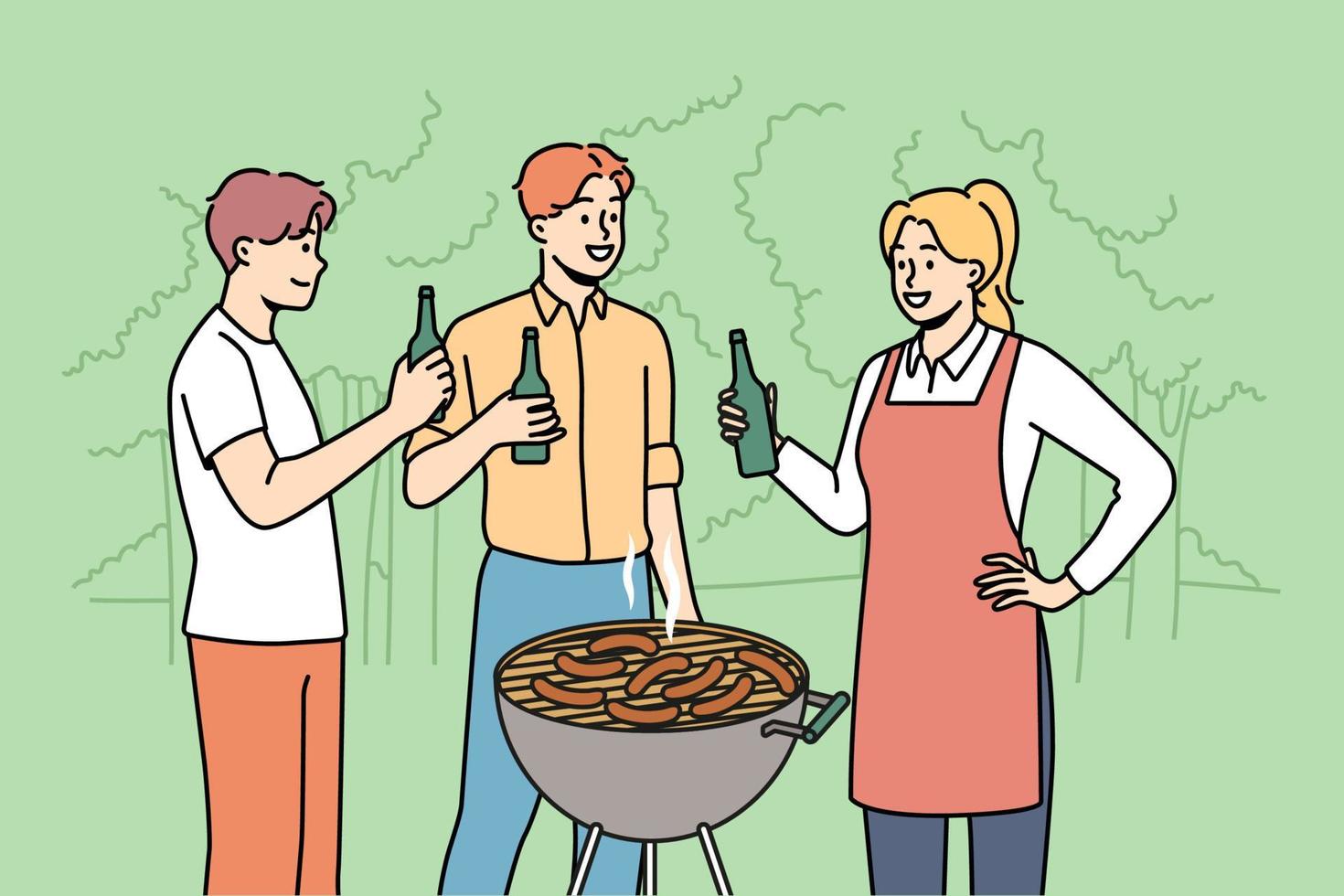 Smiling young people enjoy barbecue drinking beer outdoors. Happy friends have fun grilling meat in forest. Vector illustration.