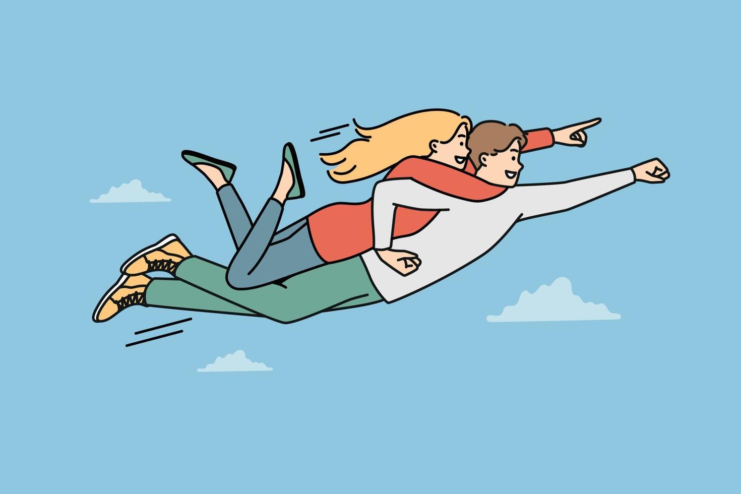 sonriente valiente hombre como superhéroe con mujer en espalda volador en aire. contento masculino Actuar como héroe mosca con hembra amante en cielo. vector ilustración.