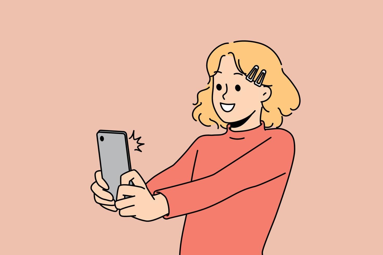 Smiling girl child make self-portrait picture on smartphone. Happy kid have fun taking selfie on cellphone. Children and technology. Vector illustration.