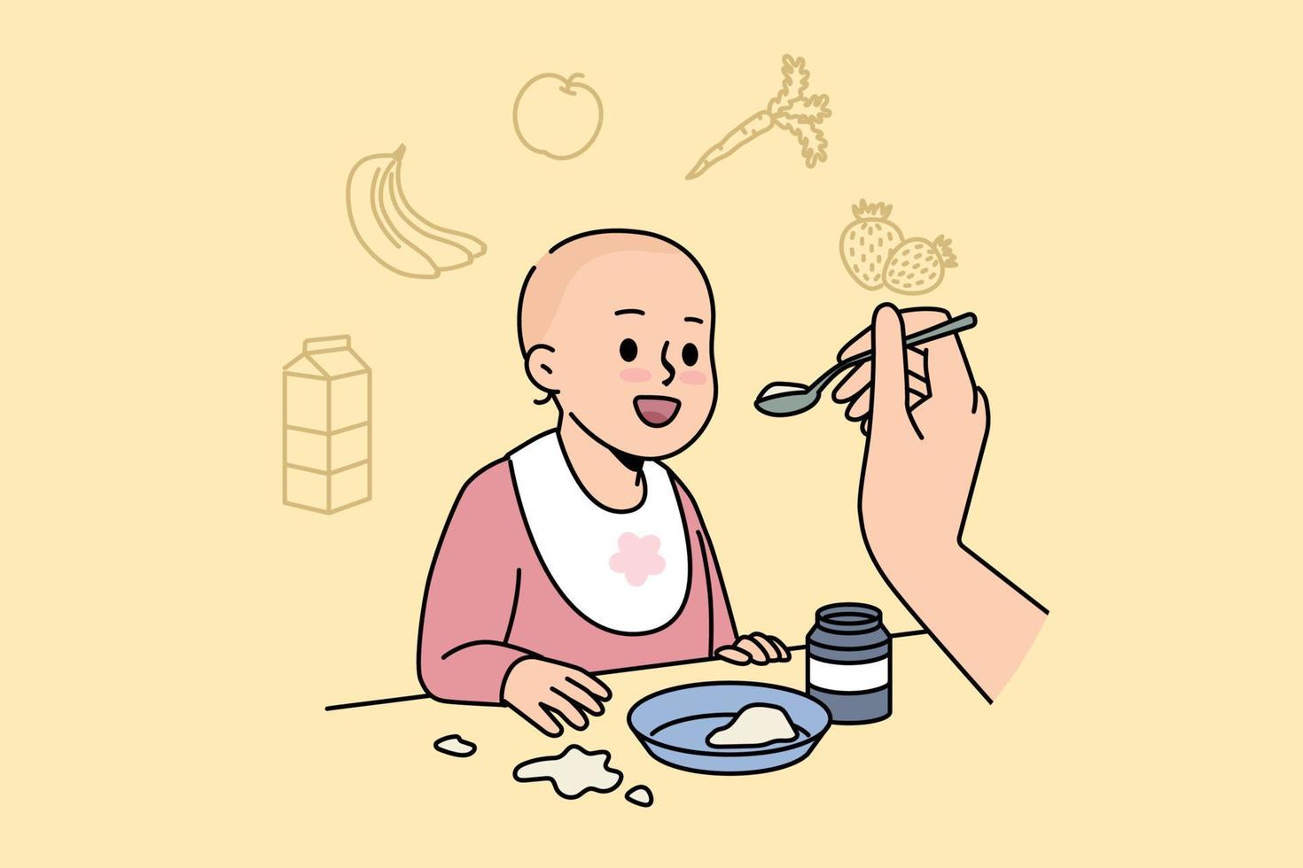 Cute baby getting feed by mom at home. Smiling toddler try new different food. Children eating habit. Vector illustration.