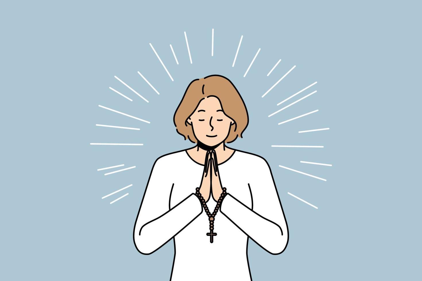 Hopeful religious young woman with rosary in hands praying. Superstitious female ask God for good fate and fortune. Religion and faith. Vector illustration.