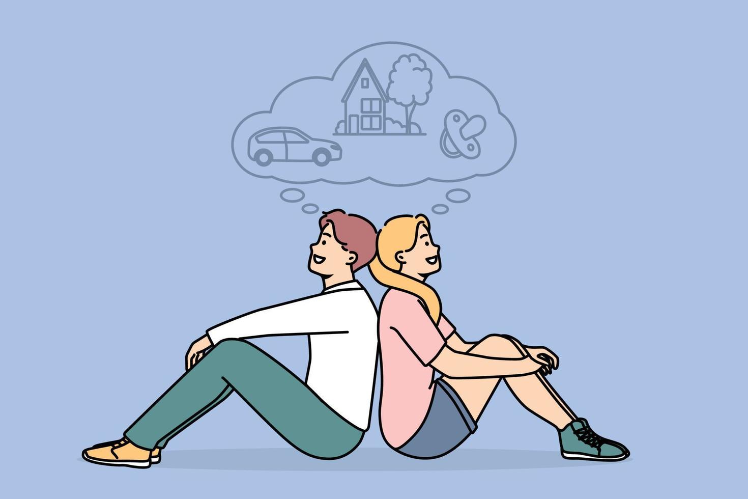 Happy dreamy couple imagine bright future together. Smiling man and woman dream of shared life, make plans for motherhood, realty and car. Family planning. Vector illustration.