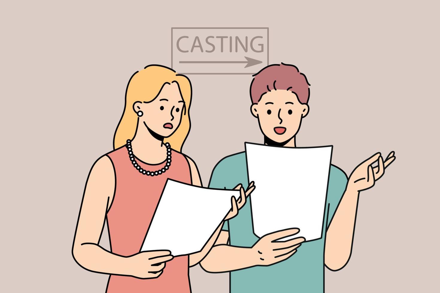 Young people reading lines in script prepare for casting in studio. Man and woman actors rehearsal with scenario for film or movie. Acting job. Vector illustration.