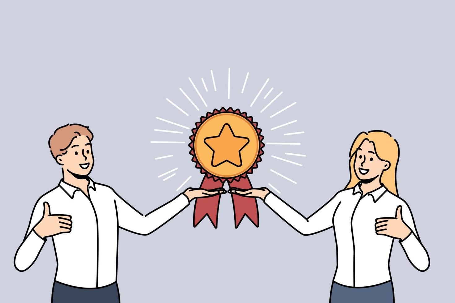 Smiling businesspeople with golden reward or trophy show thumb up give recommendation. Happy employees demonstrate award recommend good service. Vector illustration.