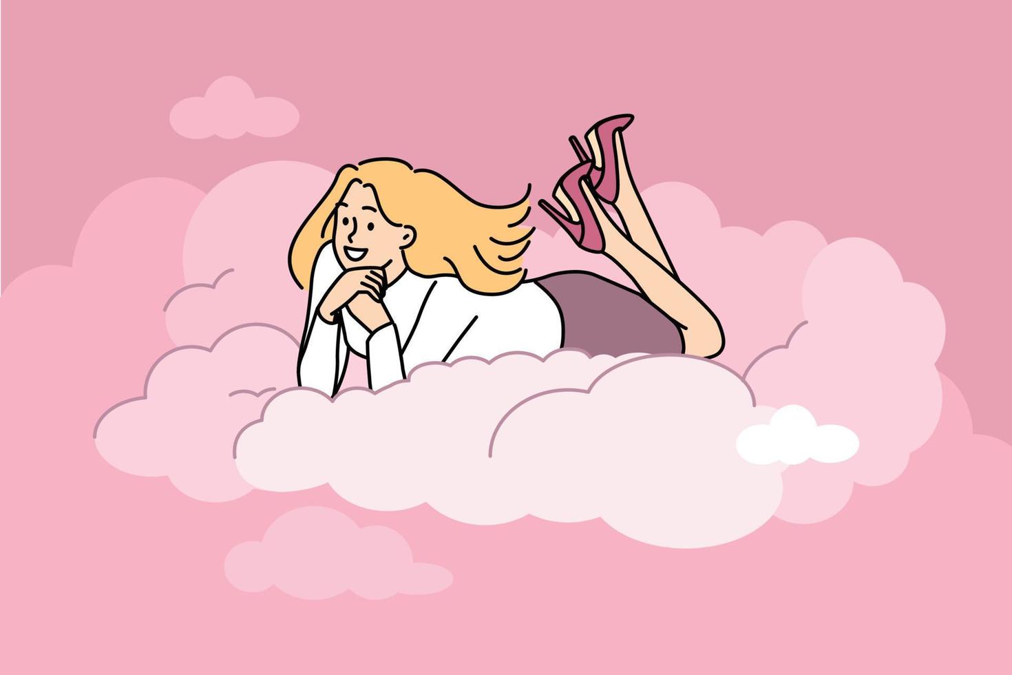 Smiling young woman lying on cloud dreaming or visualizing. Happy female up in air daydreaming or imagining future. Dreamer lifestyle. Vector illustration.