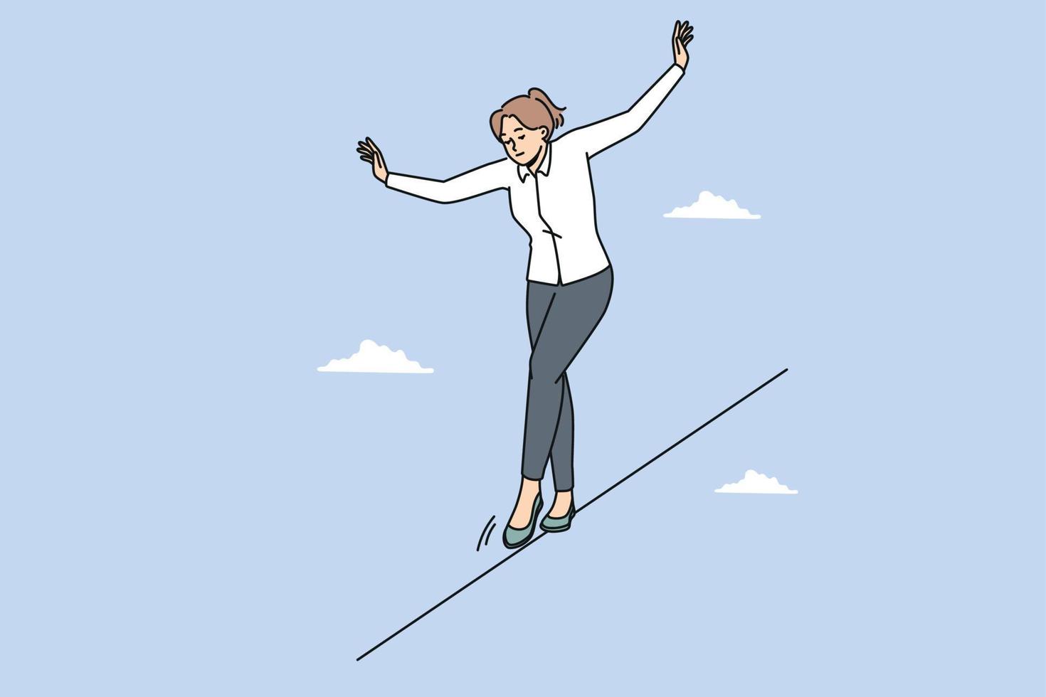 Young businesswoman walking on rope balancing in daily tasks at workplace. Female employee on tightrope show courage and risk at work. Vector illustration.