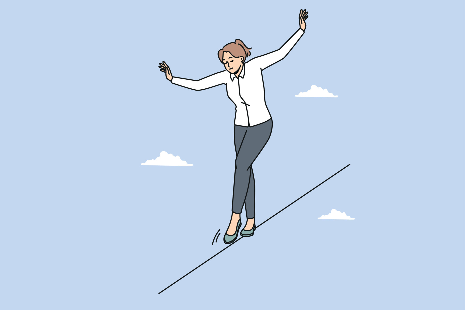 Young businesswoman walking on rope balancing in daily tasks at workplace.  Female employee on tightrope show courage and risk at work. Vector  illustration. 20146172 Vector Art at Vecteezy