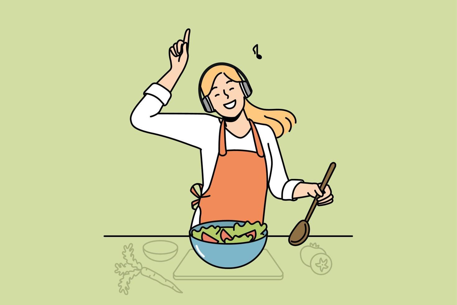 Smiling young woman have fun cooking in kitchen listening to music in earphones. Happy female wear wireless headphones preparing healthy salad at home. Vector illustration.