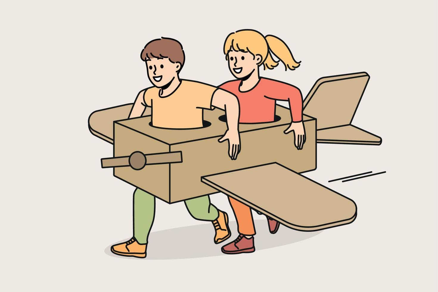 Overjoyed small children in handmade paper airplane playing together outdoors. Smiling little kids in manually constructed plane enjoy funny game. Vector illustration.