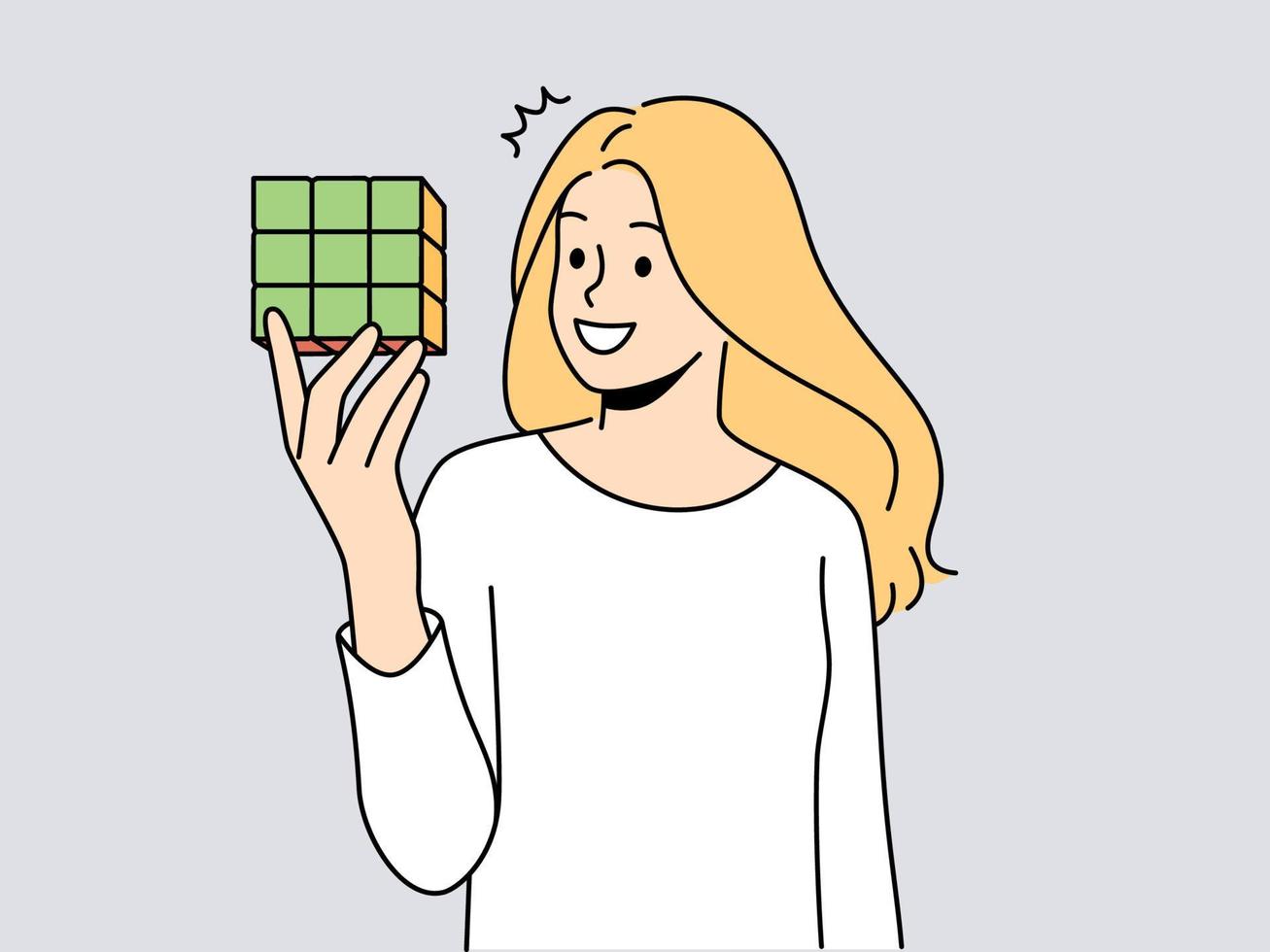 Smiling woman hold rubik cube. Happy girl solving logical game. Hobby and creativity. Vector illustration.