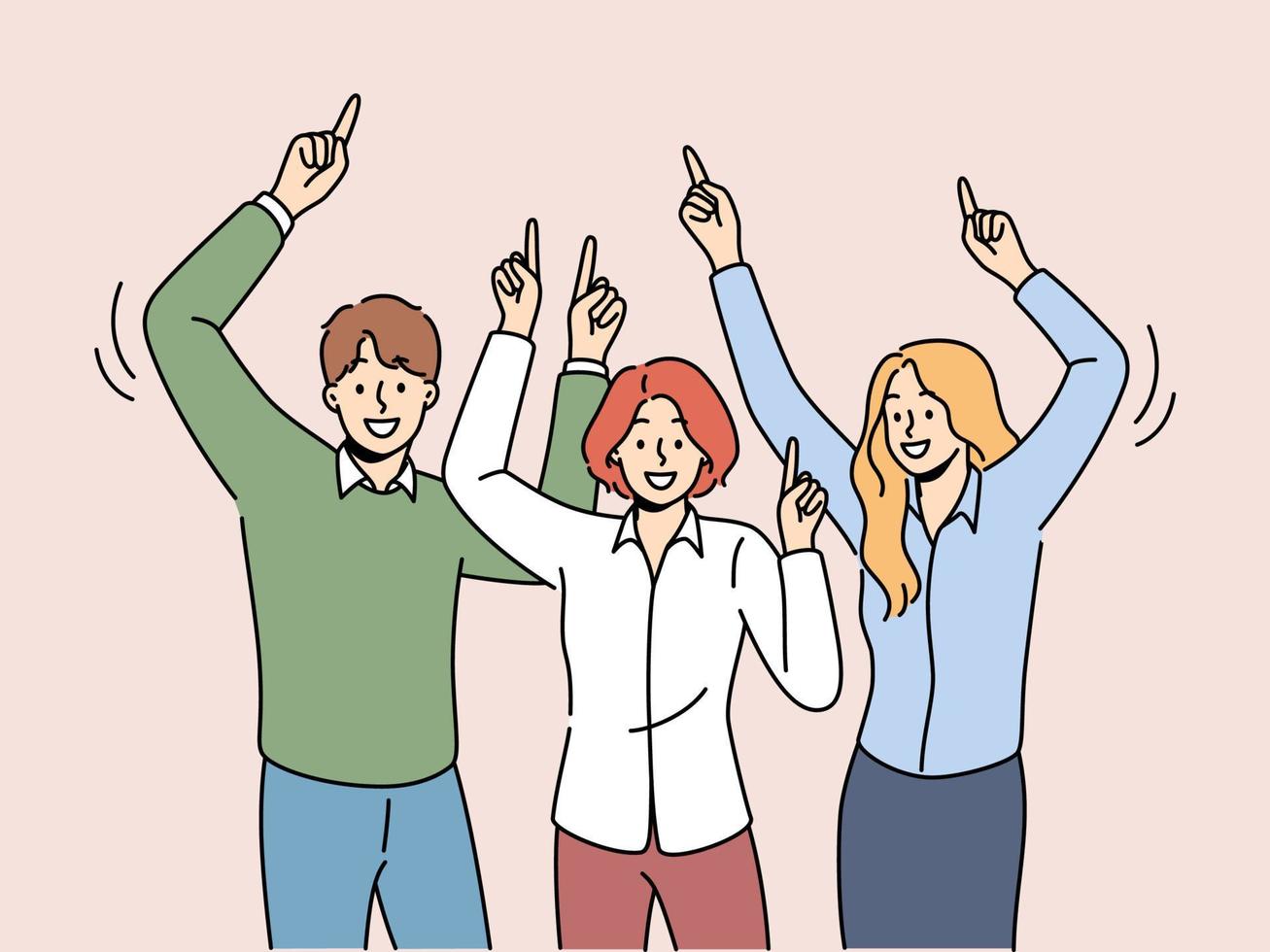 contento personas bailando juntos disfrutando viernes. sonriente gente de negocios o empleados tener divertido a lugar de trabajo. vector ilustración.