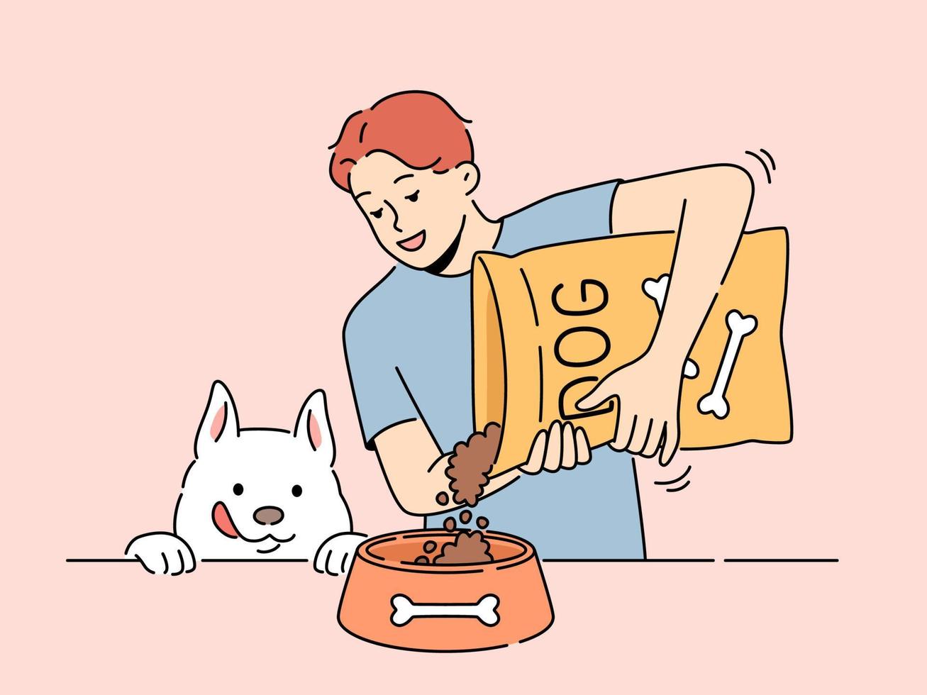 Smiling man giving food from package to excited dog. Happy guy feed pet with packaged meal. Vector illustration.