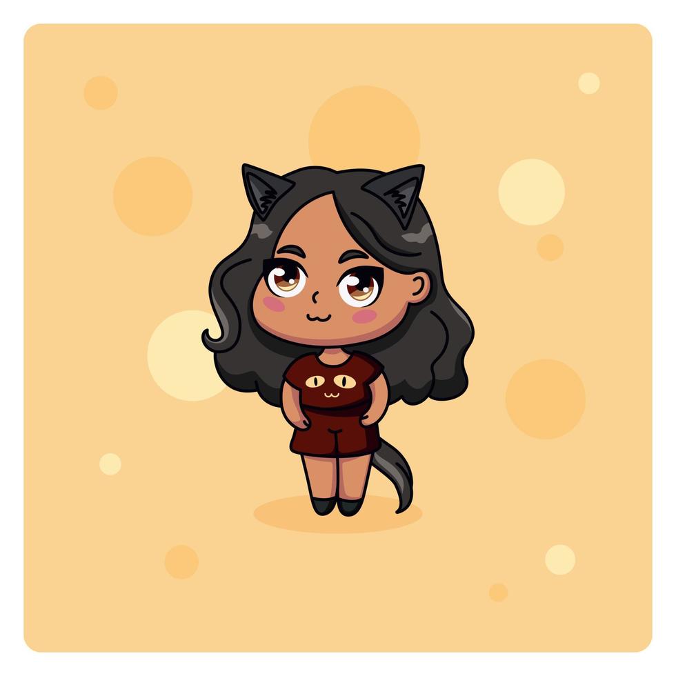 linda y kawaii chibi muchacha. chibi gato niña con felino orejas y cola en manga estilo. vector ilustración.