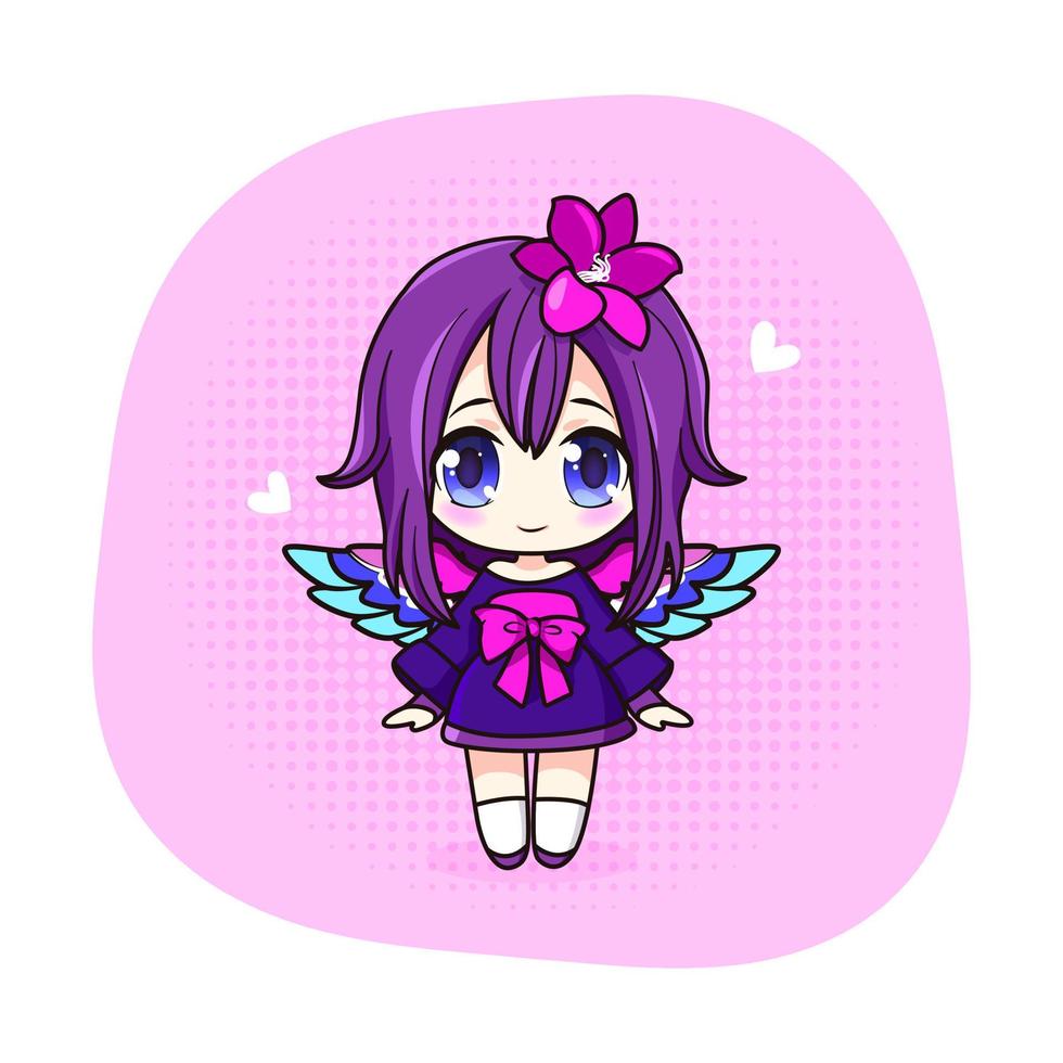 Cute and kawaii girl in dress with wings and lily. Manga chibi girl with pink flower. Vector Illustration. All objects are isolated. Art for prints, covers, posters and any use.