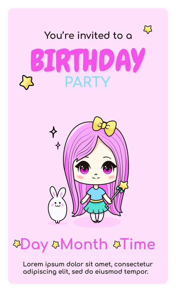 Happy birthday vertical invitation card with cartoon kawaii anime girl and rabbit. Vector illustration for celebrating date birth. Web or print design.