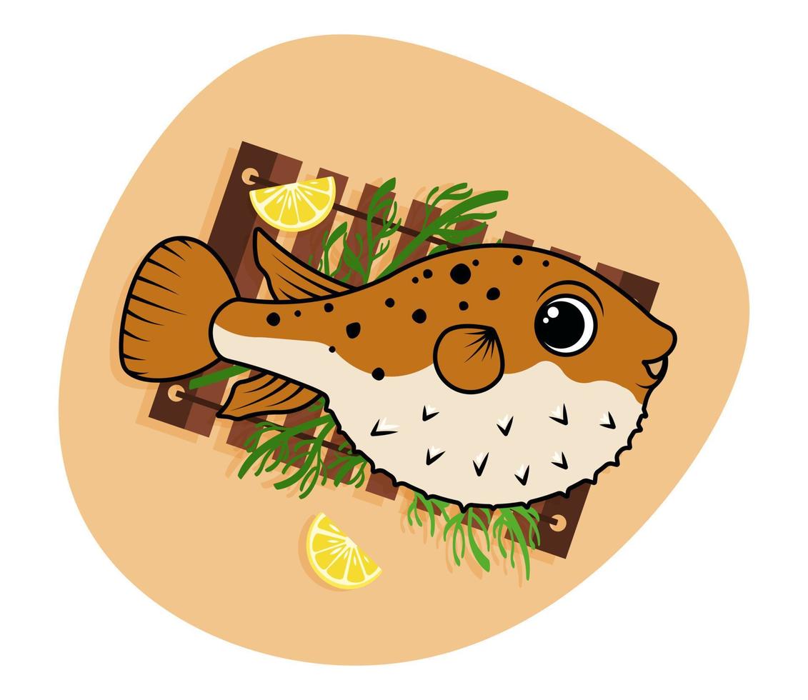 Cartoon illustration with cute and funny puffer fish on the board with lemons and dill. Fugu fish. Vector illustration.