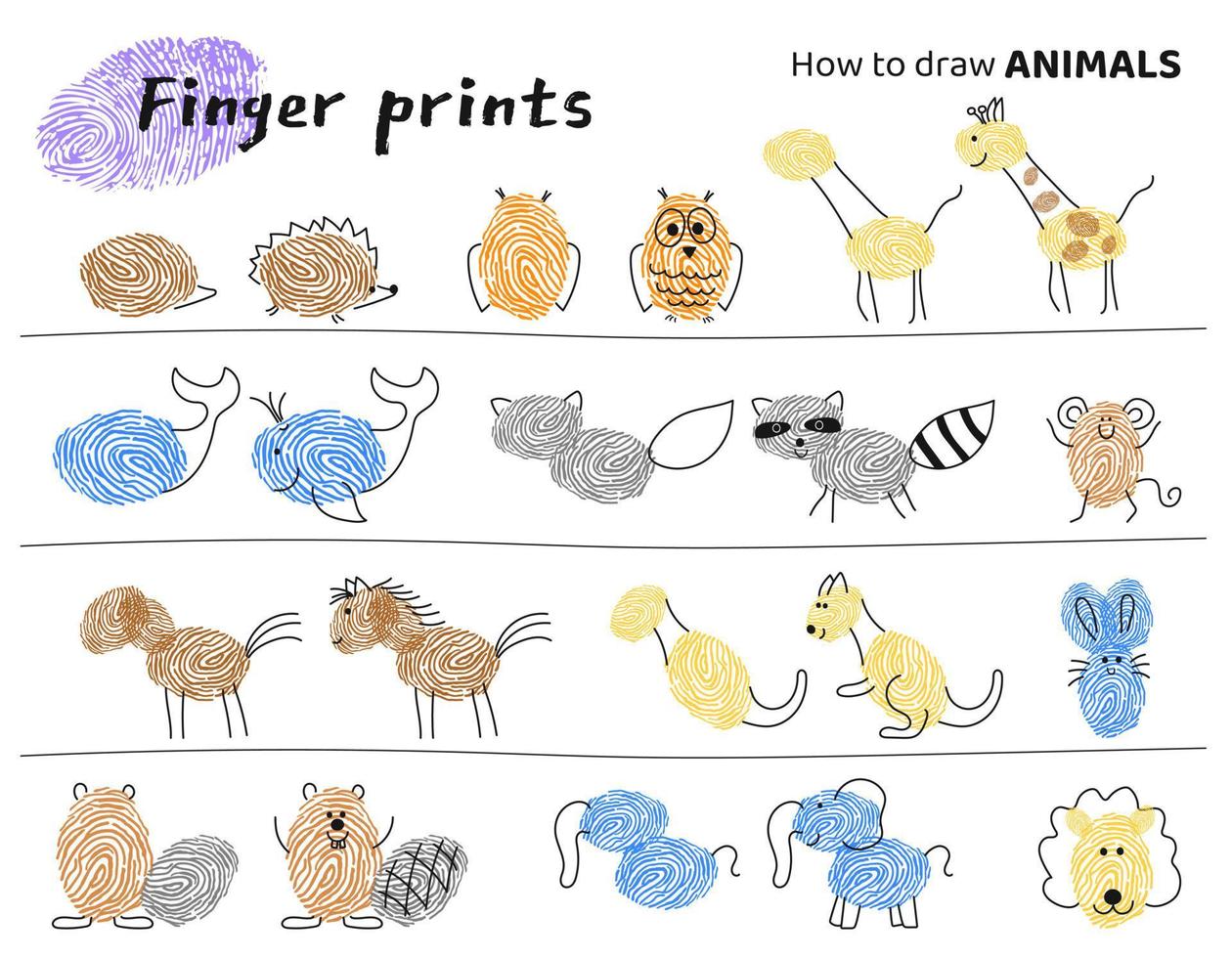 Finger prints art. Education tasks for kids how to make different animals. Vector illustration. isolated elements.