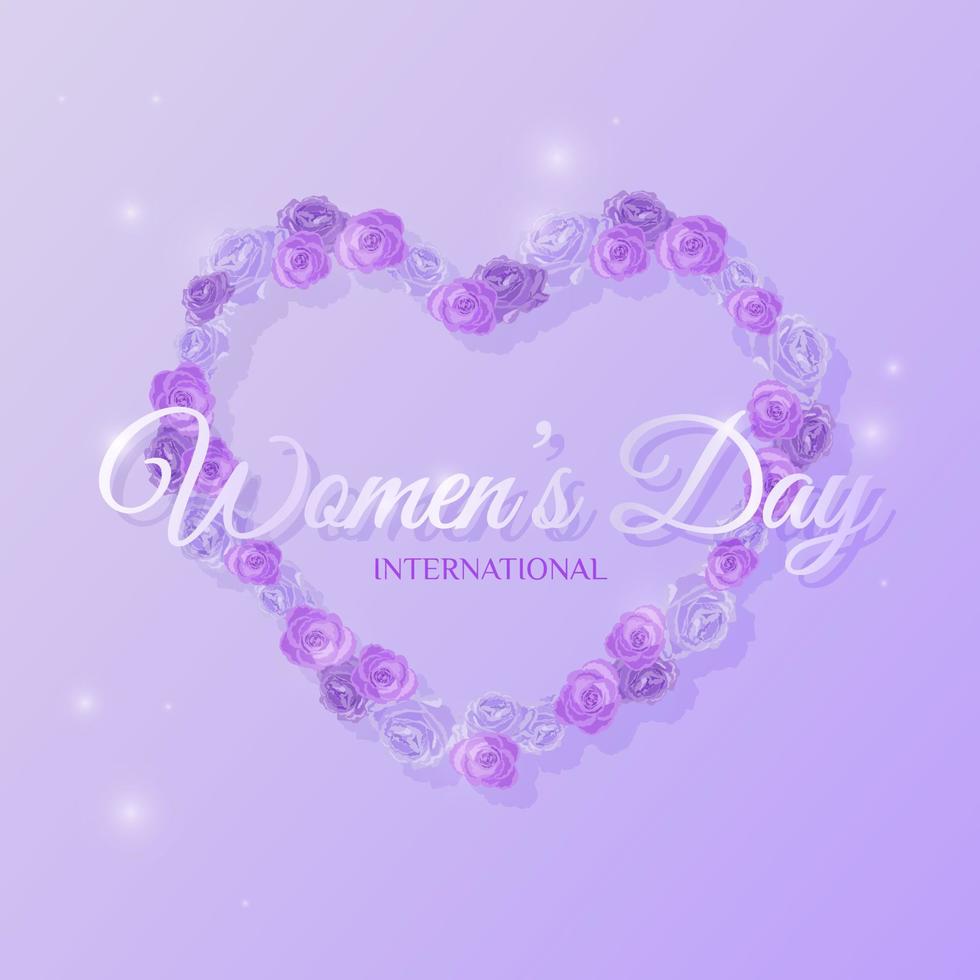 International women's day background with heart of roses on a purple backdrop. Vector illustration