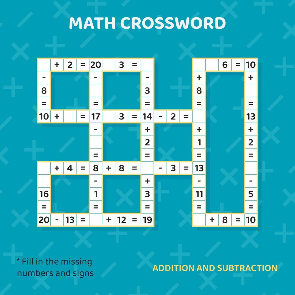 Math Crossword puzzle for kids. Addition and subtraction. Counting up to 20. Vector illustration