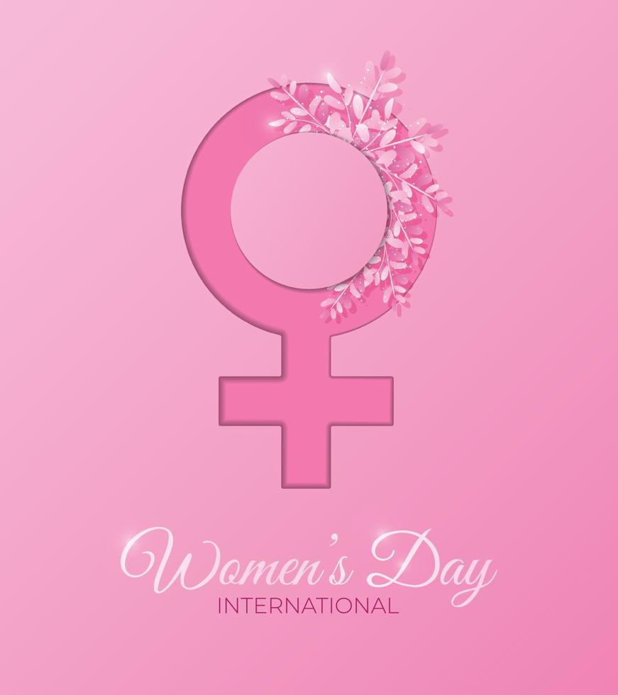 International women's day banner with woman sign and spring flowers. Poster with female gender floral symbol. isolated sign on white background. Vector illustration
