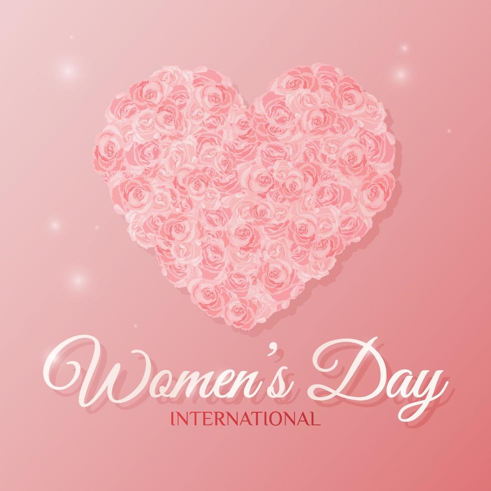 International women's day background with heart made of roses on a pink backdrop. Vector illustration