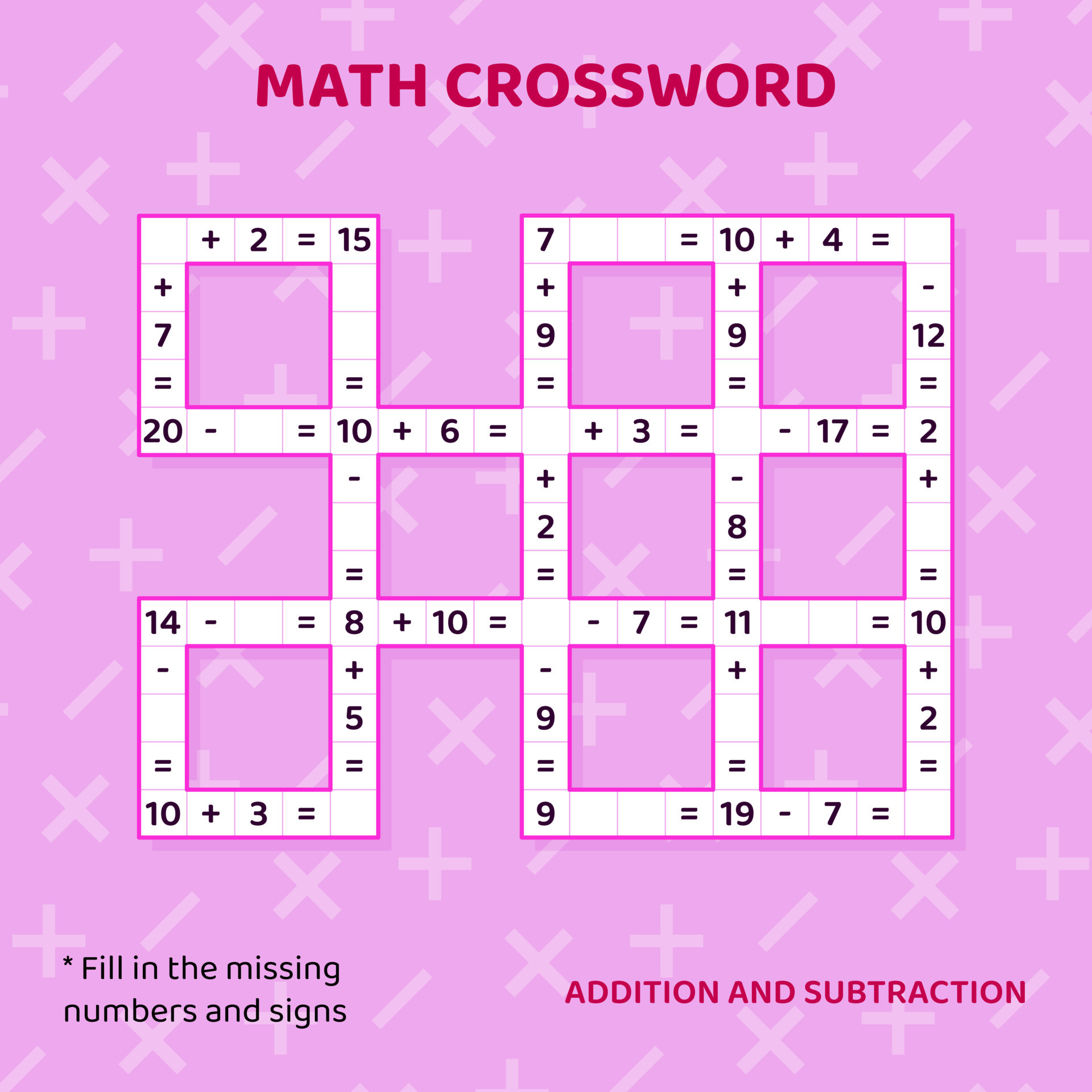Math crossword puzzle for kids addition and subtraction counting up
