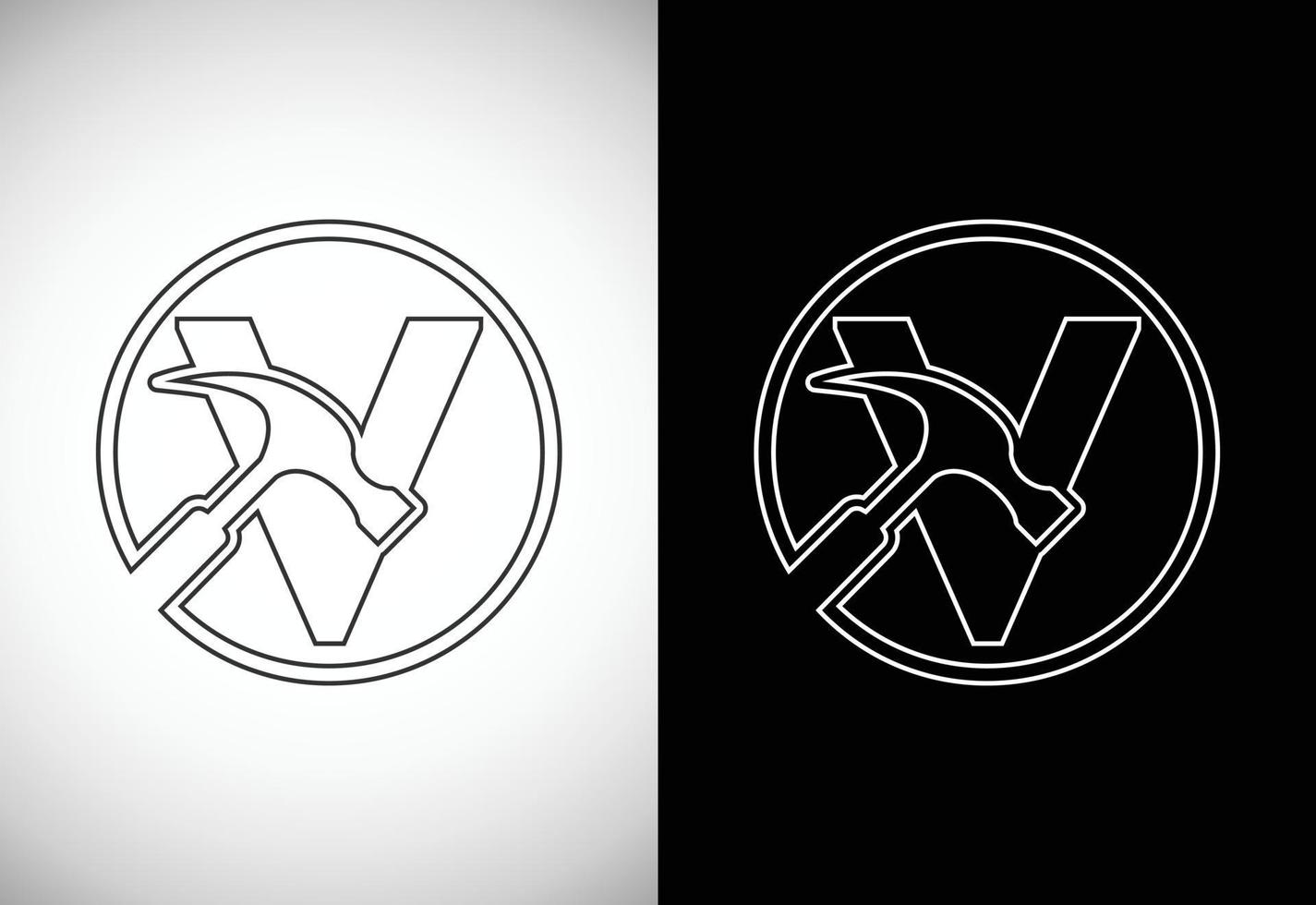 Initial V letter alphabet with a Hammer. Repair, renovation, and construction logo. Line art style logo vector