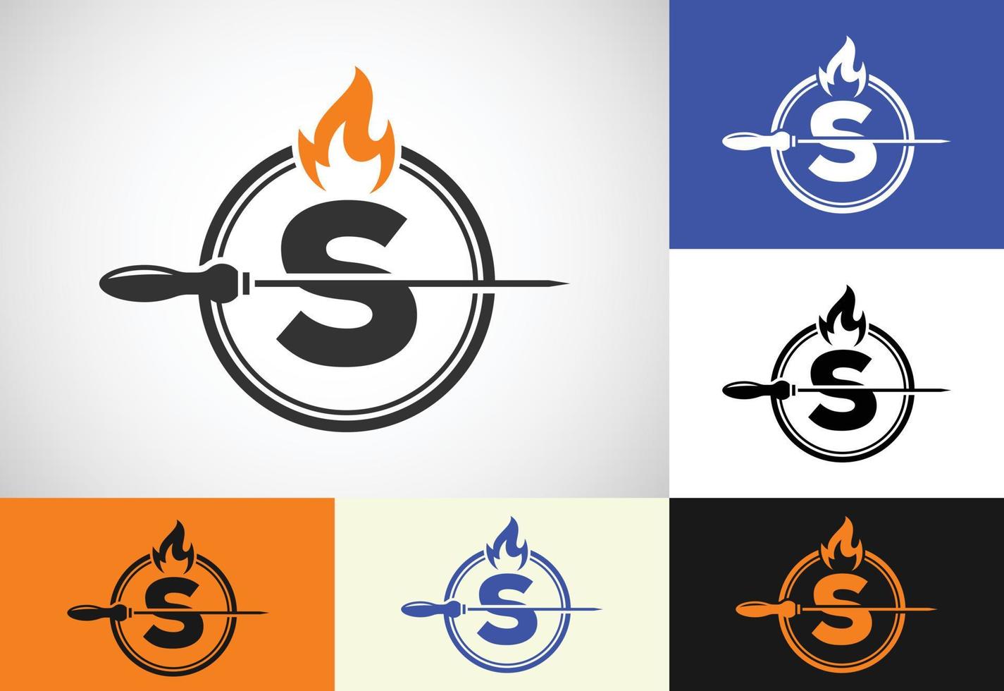 Initial S letter alphabet with a skewer and fire flame. Logo design for Barbecue, Seekh Kebab, etc. vector