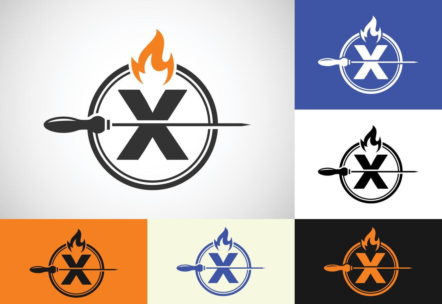 Initial X letter alphabet with a skewer and fire flame. Logo design for Barbecue, Seekh Kebab, etc. vector